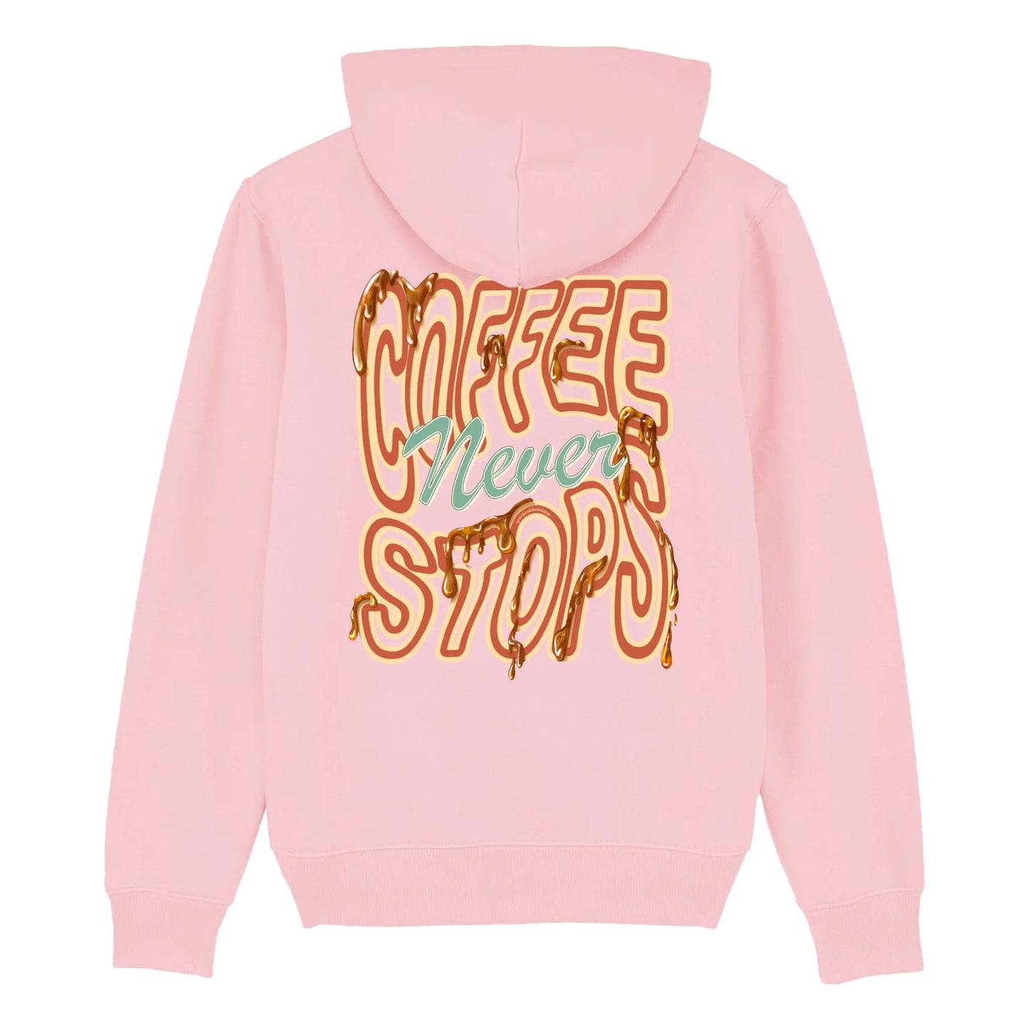 Hoodie roze met koffie tekst Coffee Never Stops op achterkant.