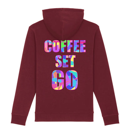 Hoodie organic rood met grappige koffie tekst Coffee Set Go op de achterkant. Productafbeelding achterkant.