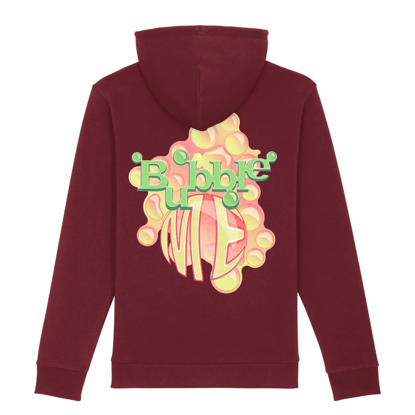 Hoodie organic rood met koffie afbeelding Bubble Me quote op rug. Productafbeelding achterkant.