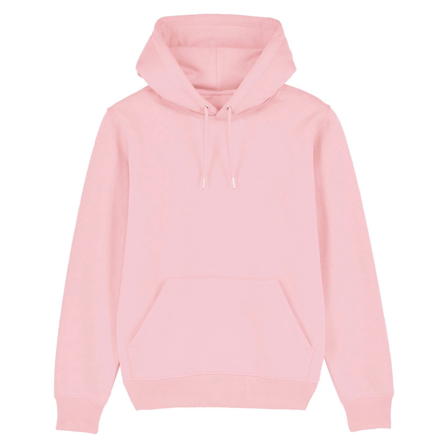 Hoodie organic roze met koffie afbeelding en tekst op achterkant. Debaristashop en Geertjandebaristaman. Productafbeelding voorkant 3.