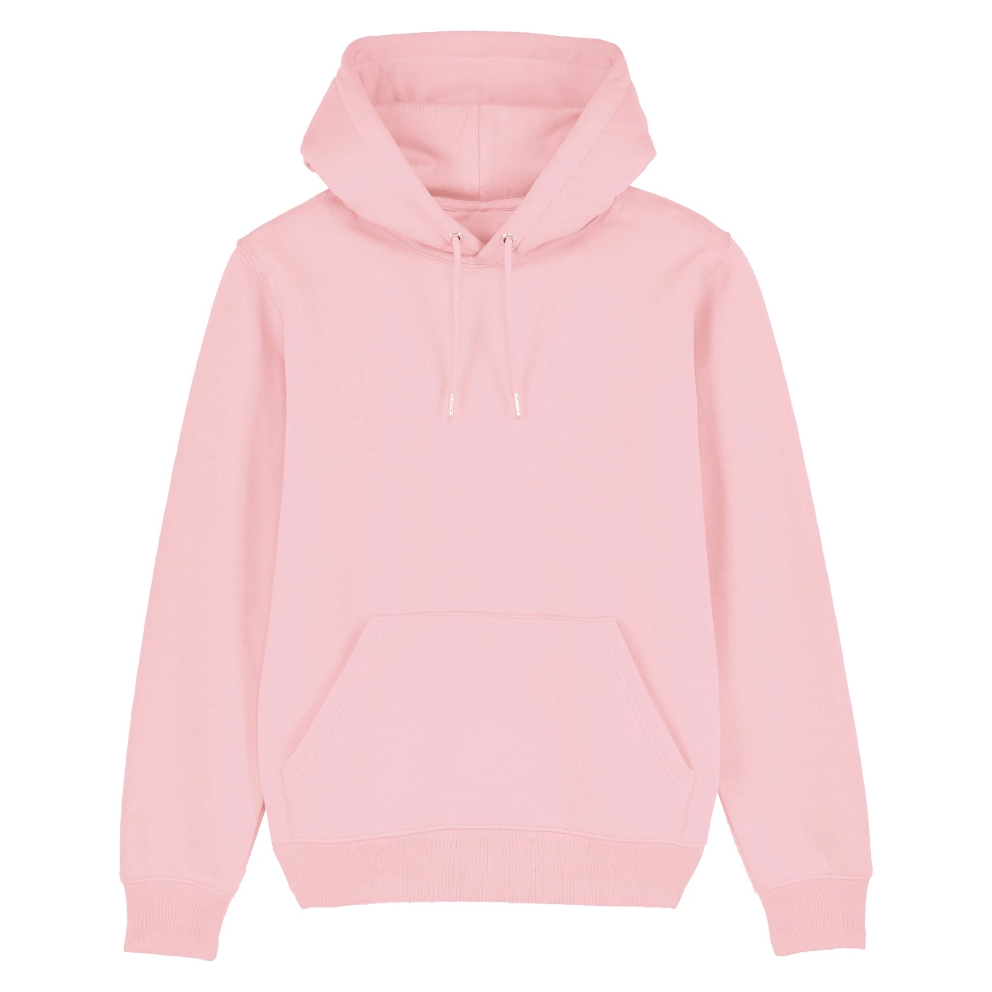 Hoodie organic roze met koffie afbeelding en tekst op achterkant. Debaristashop en Geertjandebaristaman. Productafbeelding voorkant 3.