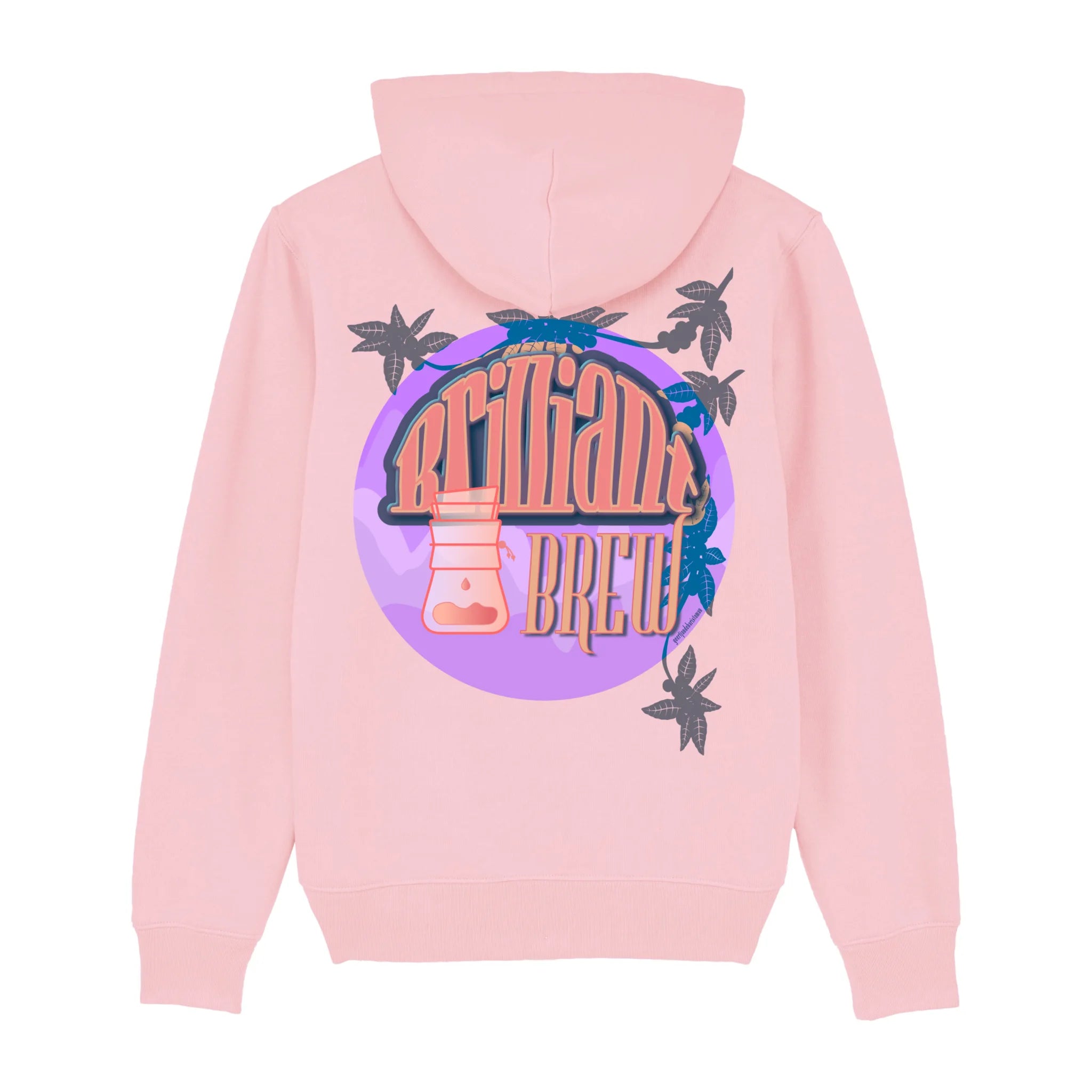 Hoodie organic roze met koffie afbeelding en tekst op achterkant. Debaristashop en Geertjandebaristaman. Productafbeelding voorkant.