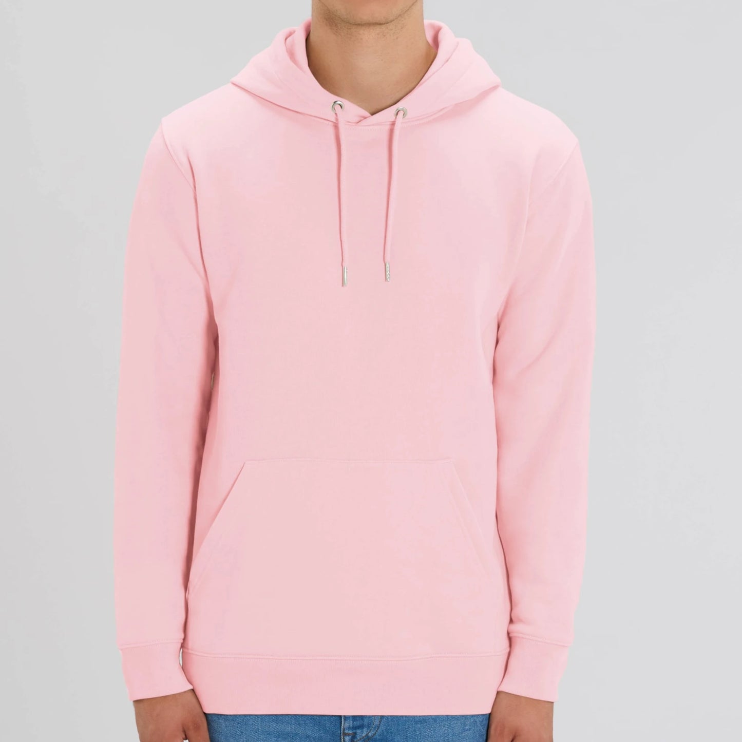 Hoodie organic roze met koffie afbeelding en tekst op achterkant. Debaristashop en Geertjandebaristaman. Productafbeelding voorkant 5.