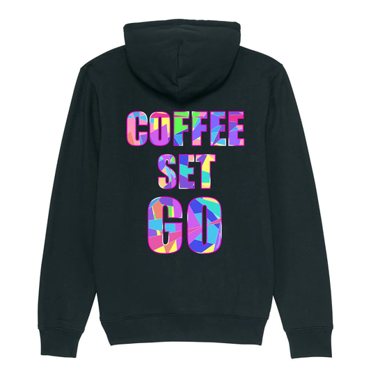 Hoodie organic blauw met grappige koffie tekst Coffee Set Go op de achterkant. Productafbeelding achterkant.