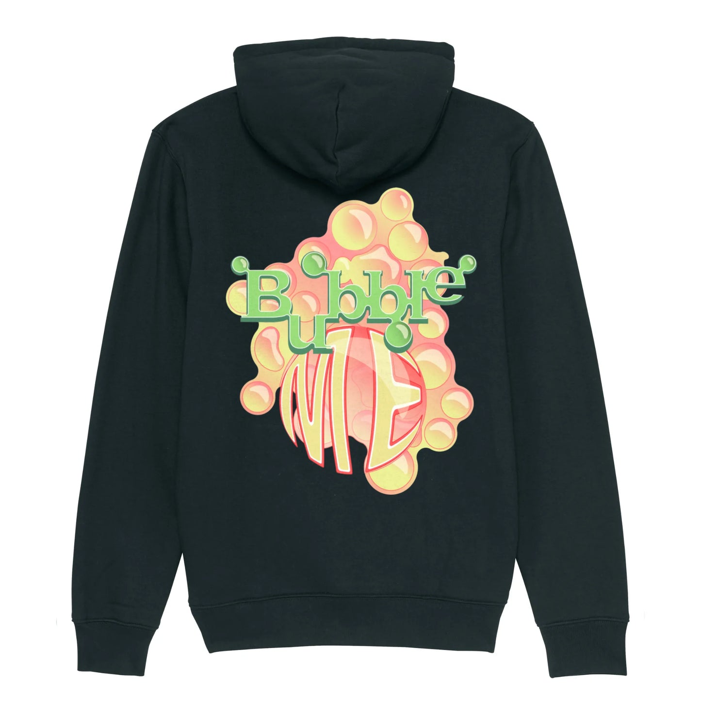 Hoodie organic zwart met koffie afbeelding Bubble Me quote op rug. Productafbeelding achterkant.