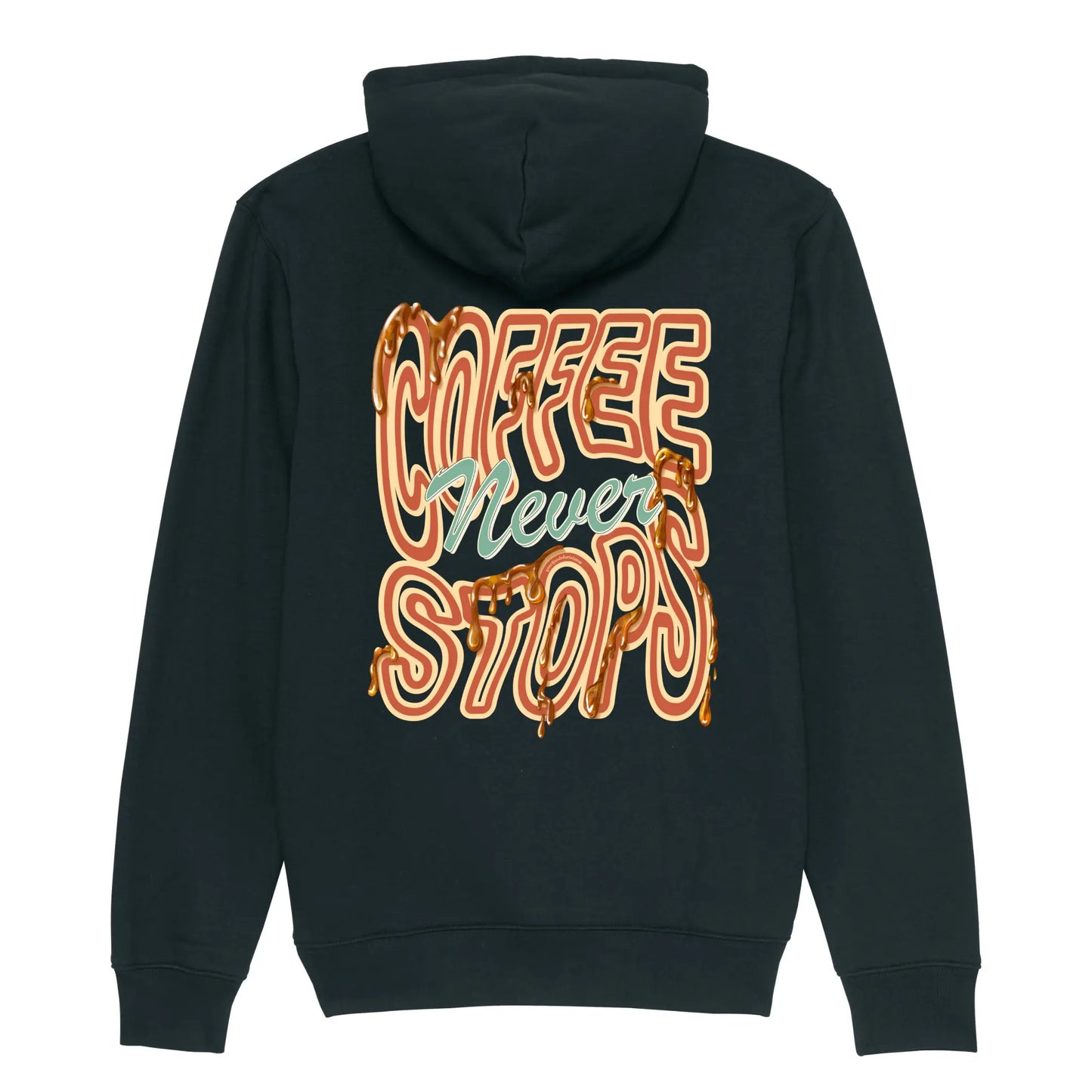 Hoodie zwart met koffie tekst Coffee Never Stops op achterkant.