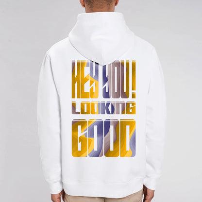 Hoodie wit koffie afbeelding Hey You Looking Good achterkant.