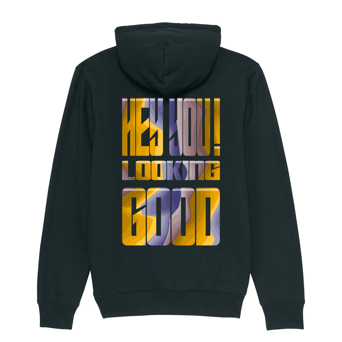 Hoodie zwart koffie afbeelding Hey You Looking Good achterkant.