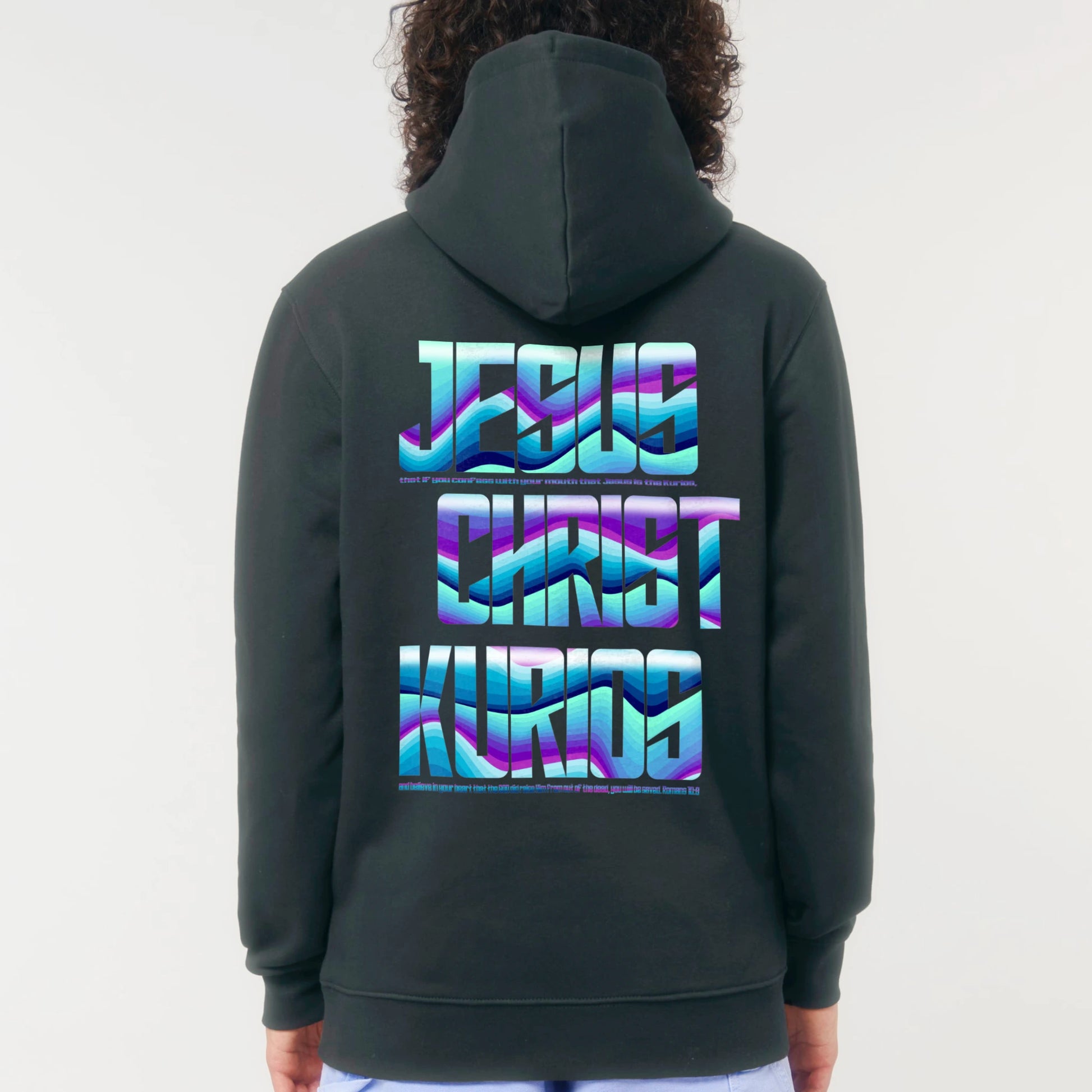 Hoodie zwart romans romeinen 10:9 Jesus Christ Kurios Bijbel tekst op rug 3.