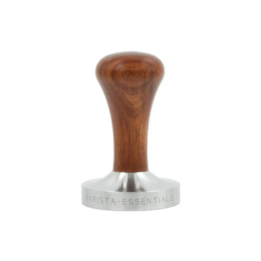 Houten espresso tamper 58mm met RVS basis voor een passende Quick Mill filterdrager en gecontroleerde puckvoorbereiding
