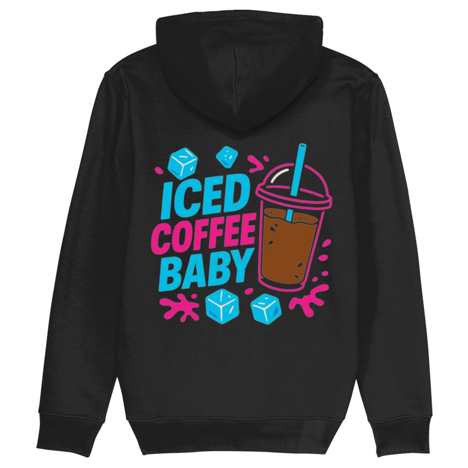 Zwarte hoodie met felgekleurde Pop Art print van iced coffee en de tekst ‘ICED COFFEE BABY’ – perfect voor barista’s en iced coffee lovers.
