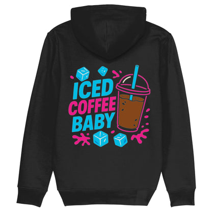 Zwarte hoodie met felgekleurde Pop Art print van iced coffee en de tekst ‘ICED COFFEE BABY’ – perfect voor barista’s en iced coffee lovers.