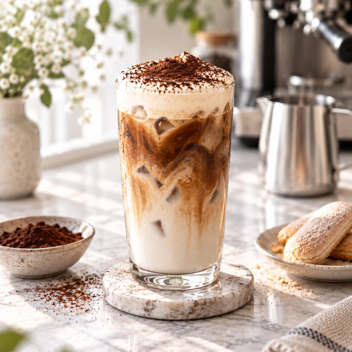 Iced Tiramisu Latte met espresso, koude melk, ijs en cacao.