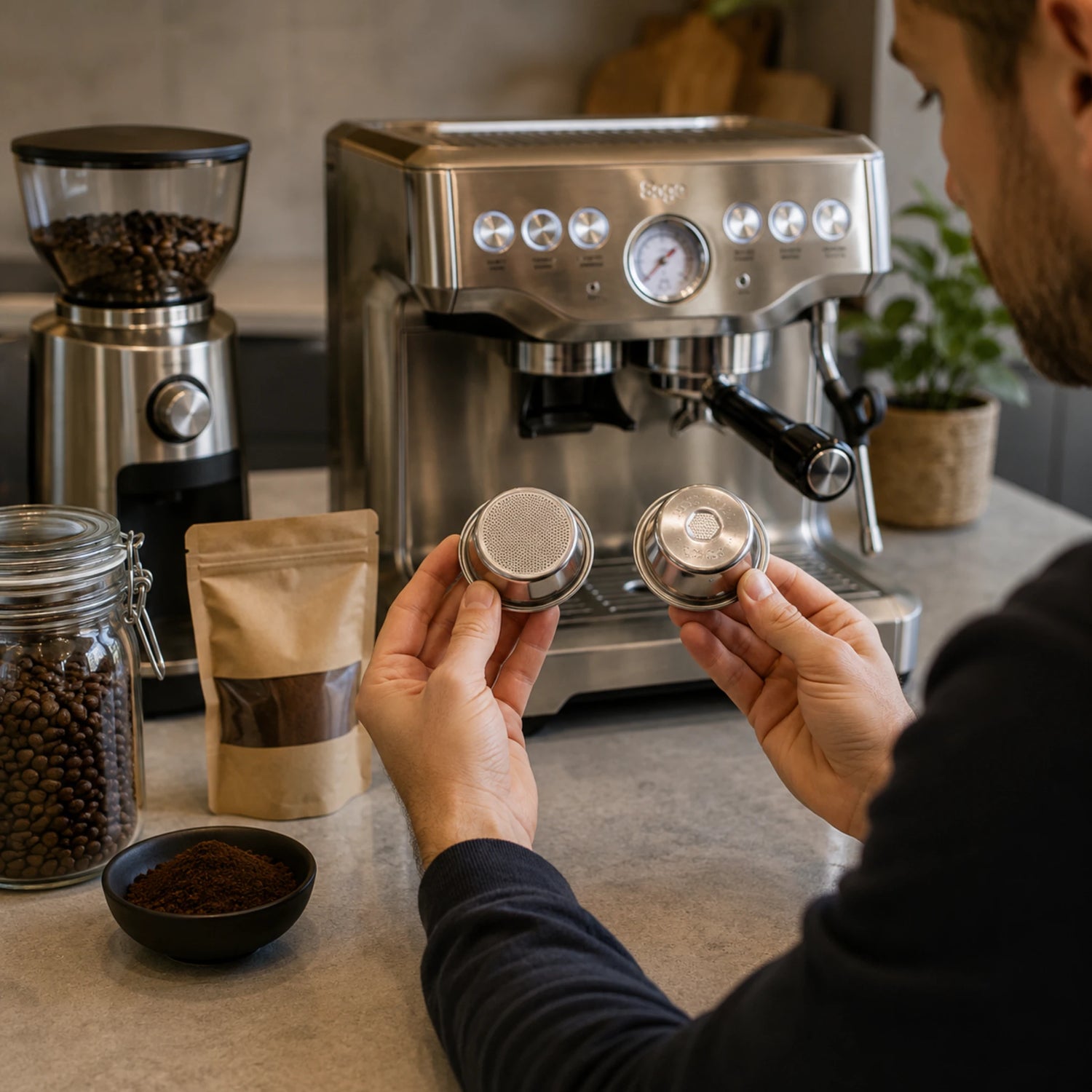 Thuisbarista vergelijkt een Single Wall- en Dual Wall-filterbakje bij een Sage-espressomachine