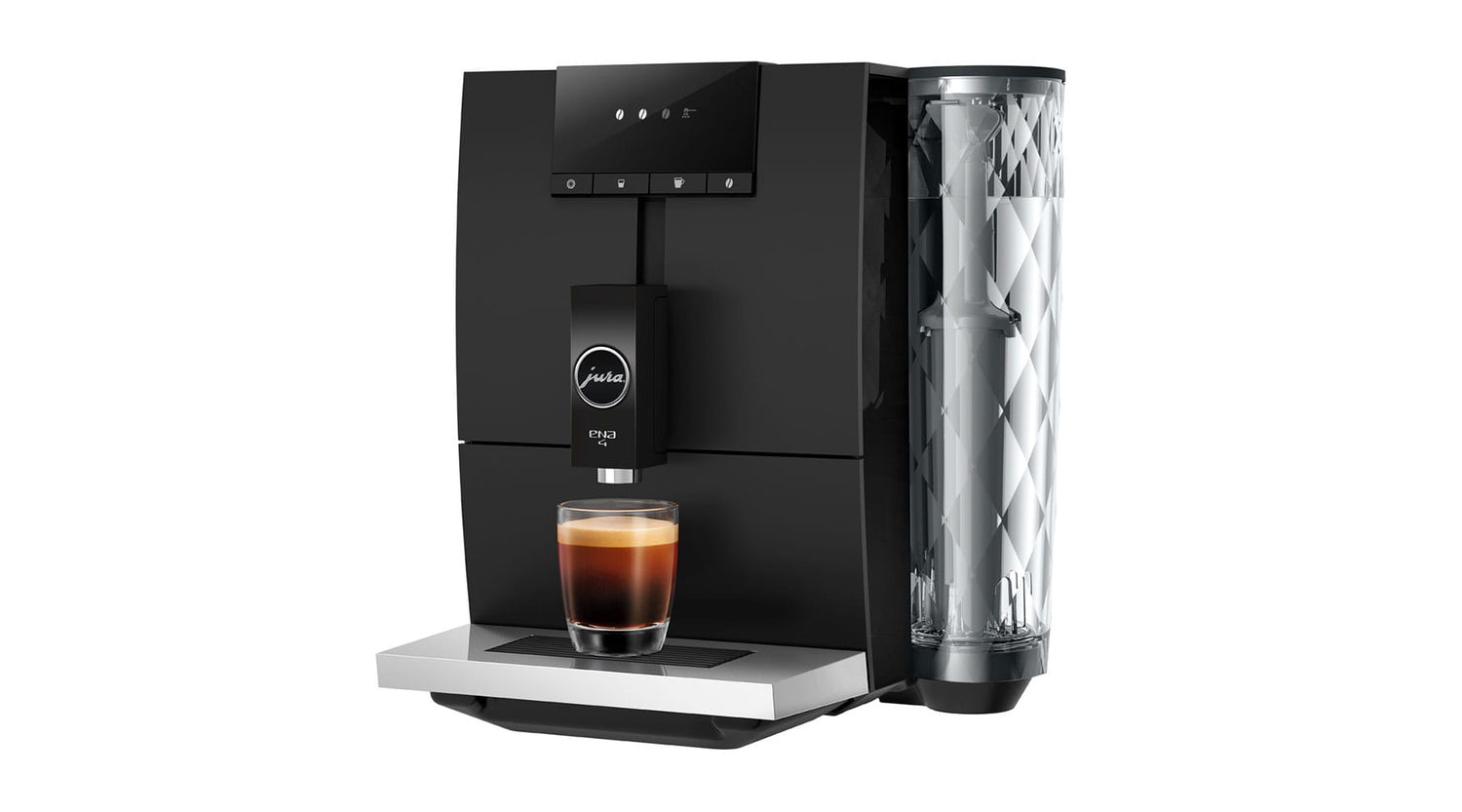 Jura ENA 4 volautomatische koffiemachine in zwart, met glas espresso op het plateau – compact model zonder melkfunctie, ideaal voor espresso en americano.