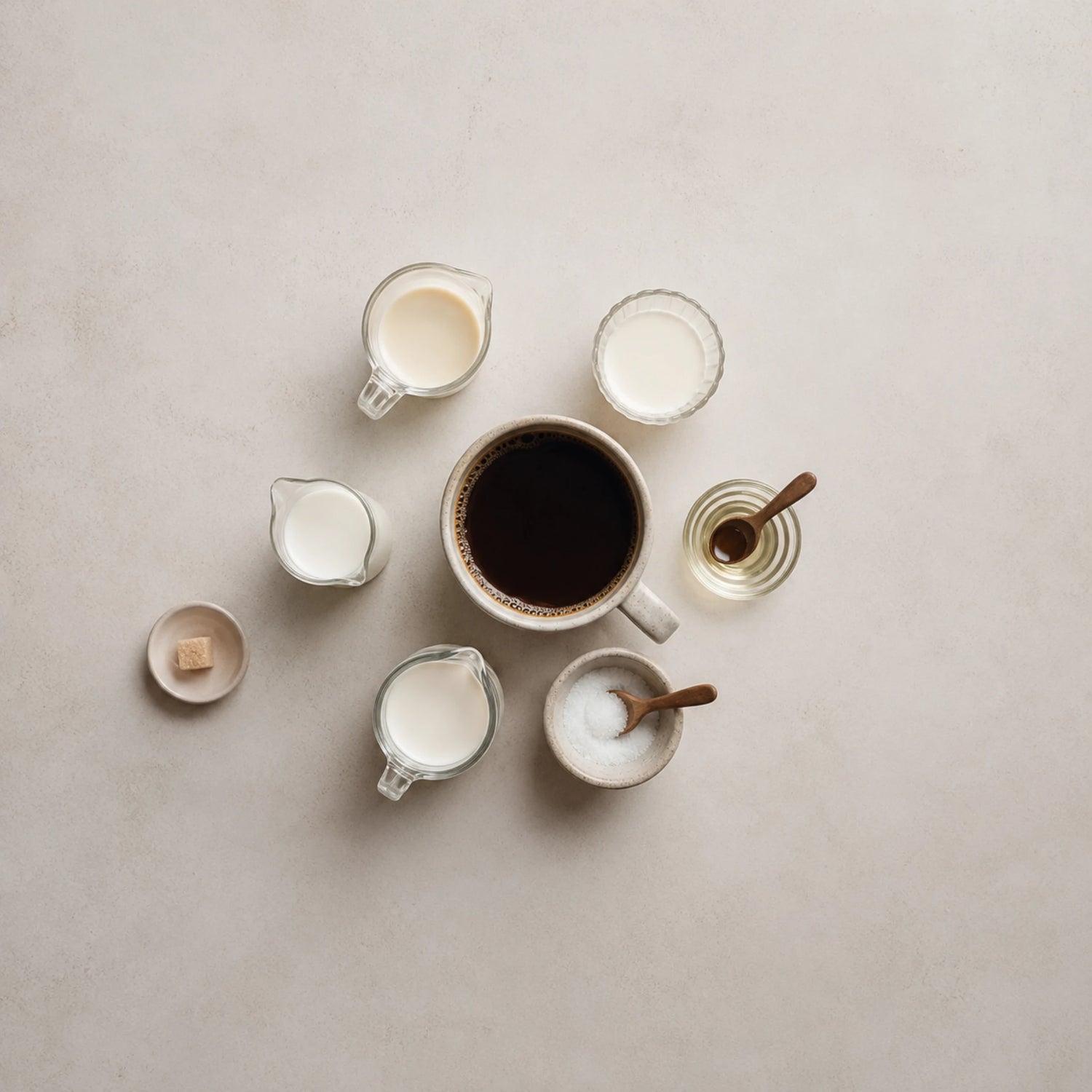 Keto-vriendelijke koffietoevoegingen zoals room, amandelmelk, MCT-olie en zoetstof naast zwarte koffie.