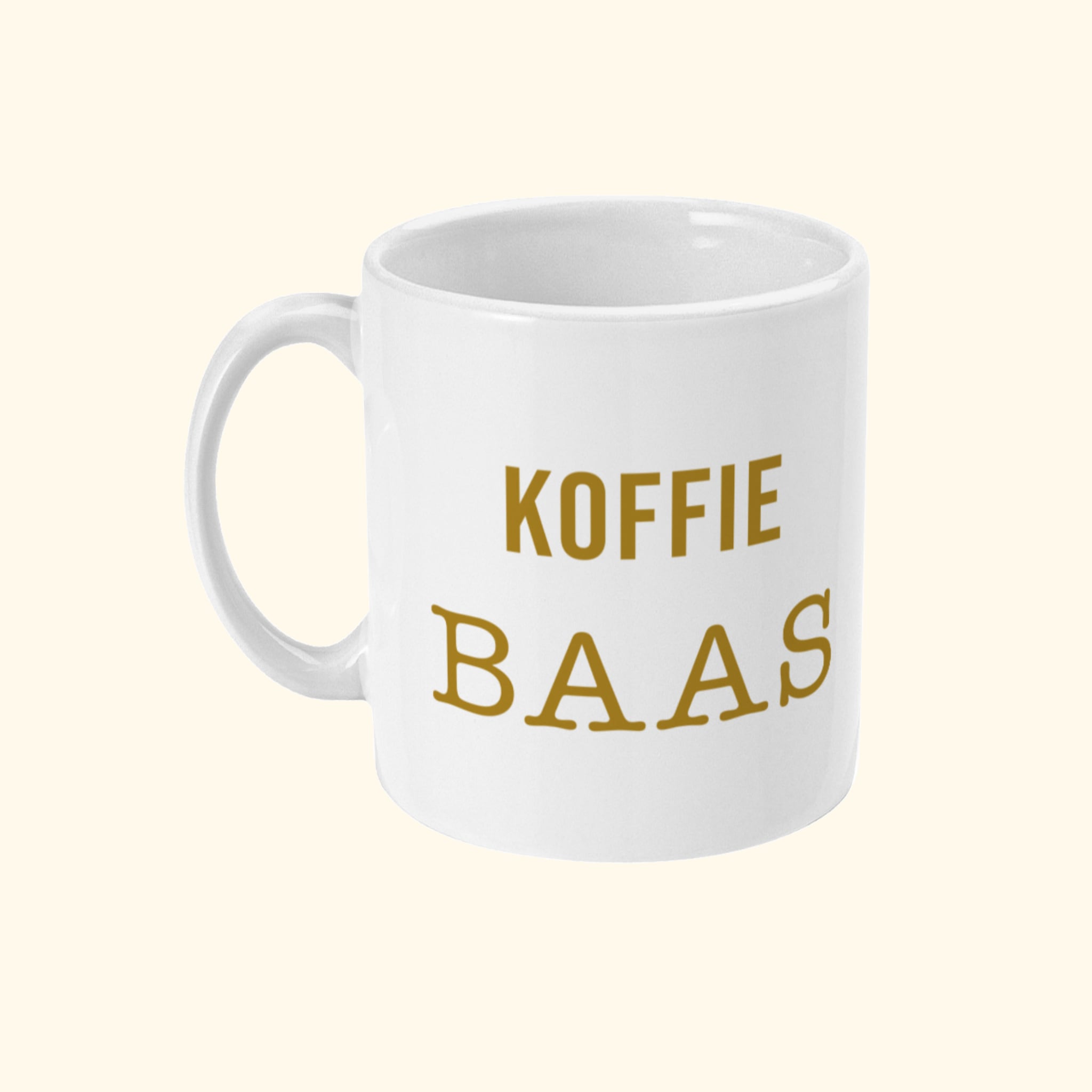 Koffie Mok Met Grappige Koffie Tekst Koffie Baas. Zijaanzicht.