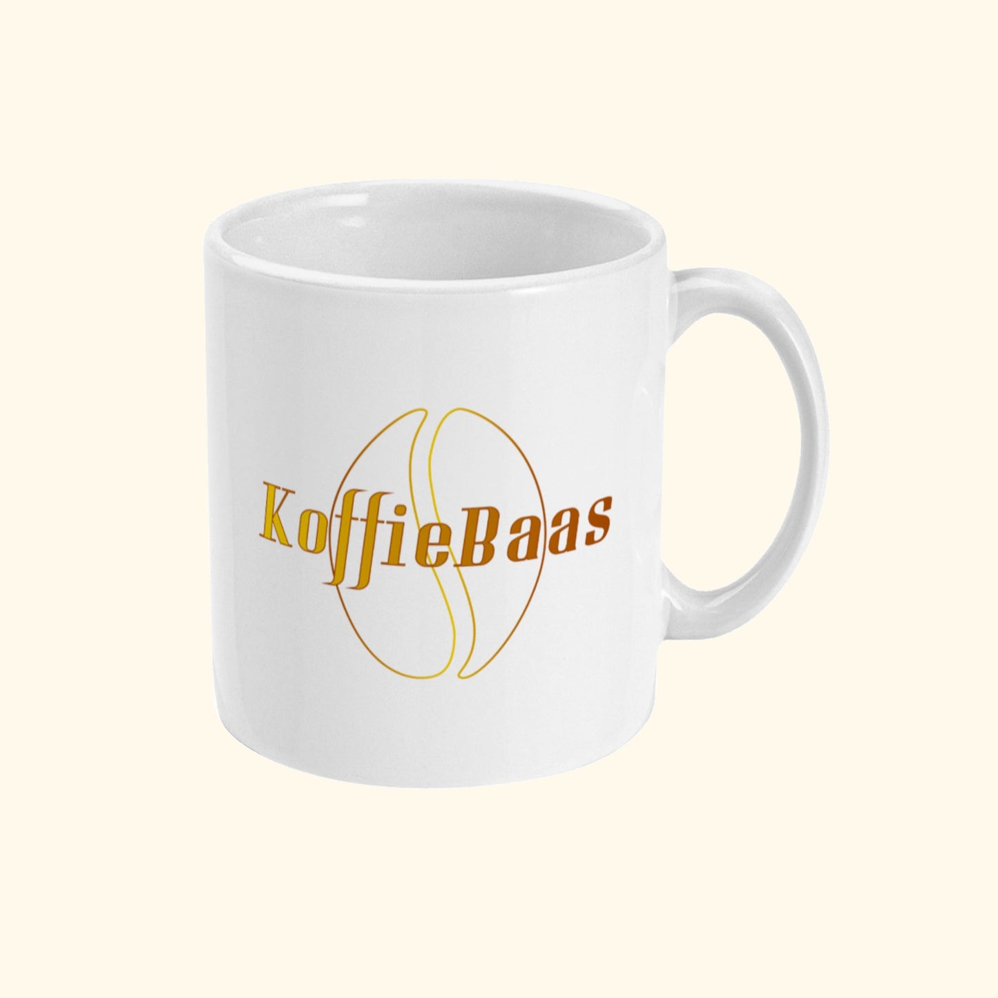 Koffie Mok Met Koffie Tekst En Logo KoffieBaas. Zijaanzicht.