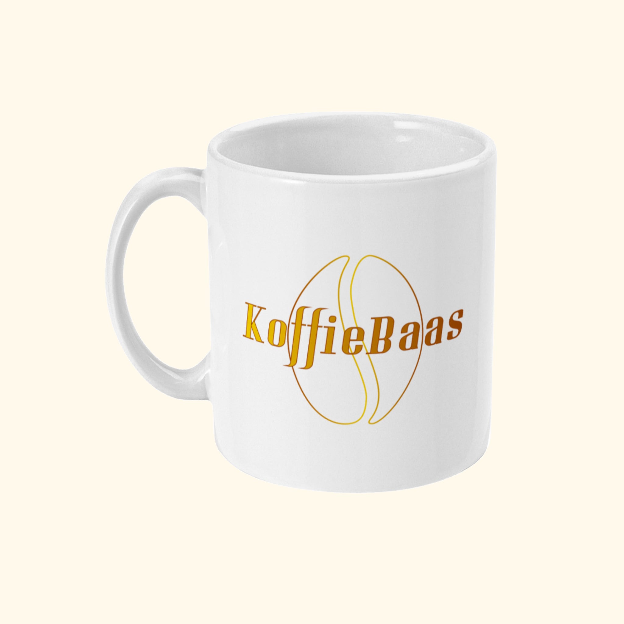 Koffie Mok Met Koffie Tekst En Logo KoffieBaas. Zijaanzicht.