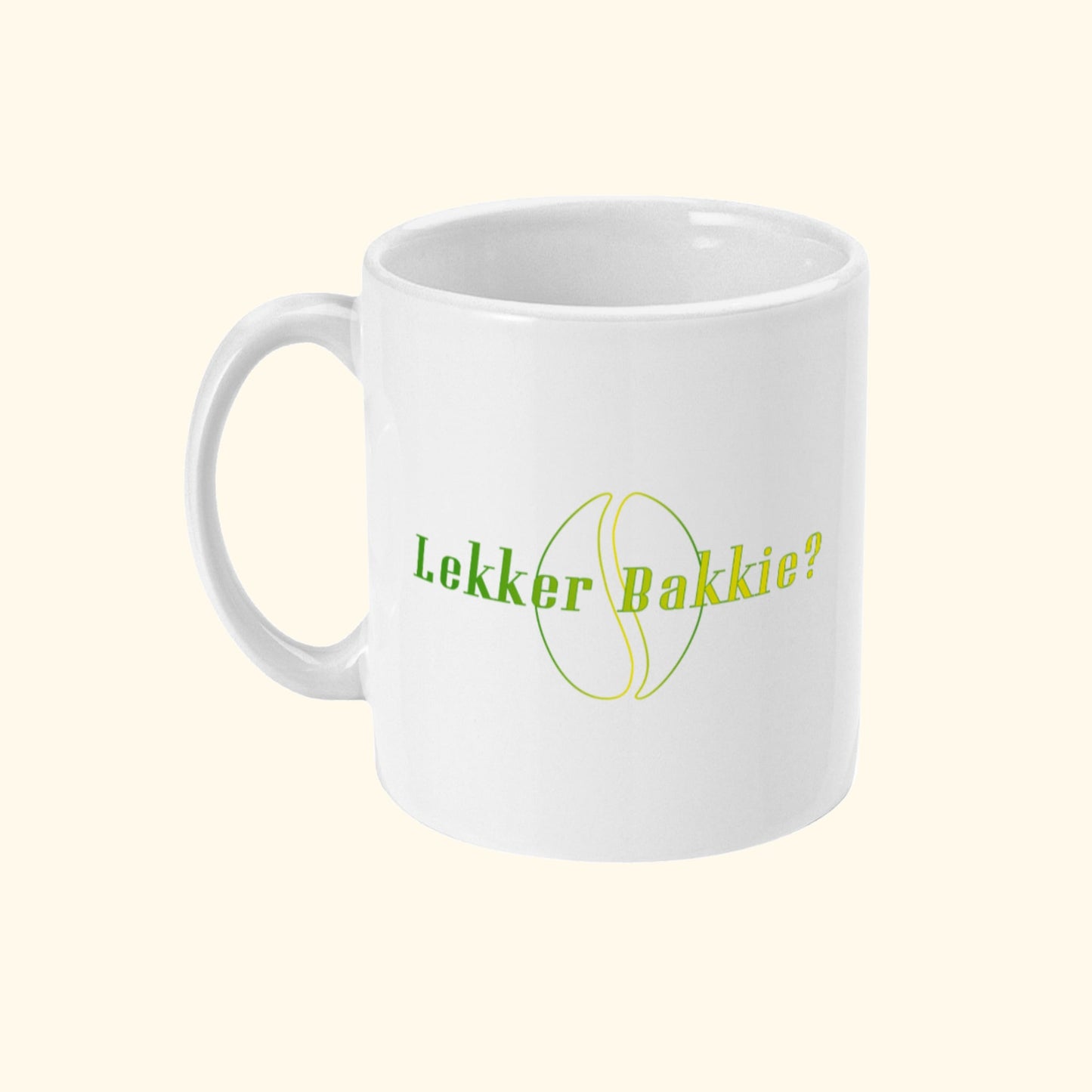 Koffie Mok Met Koffie Tekst en Logo Lekker Bakkie? Zijaanzicht.