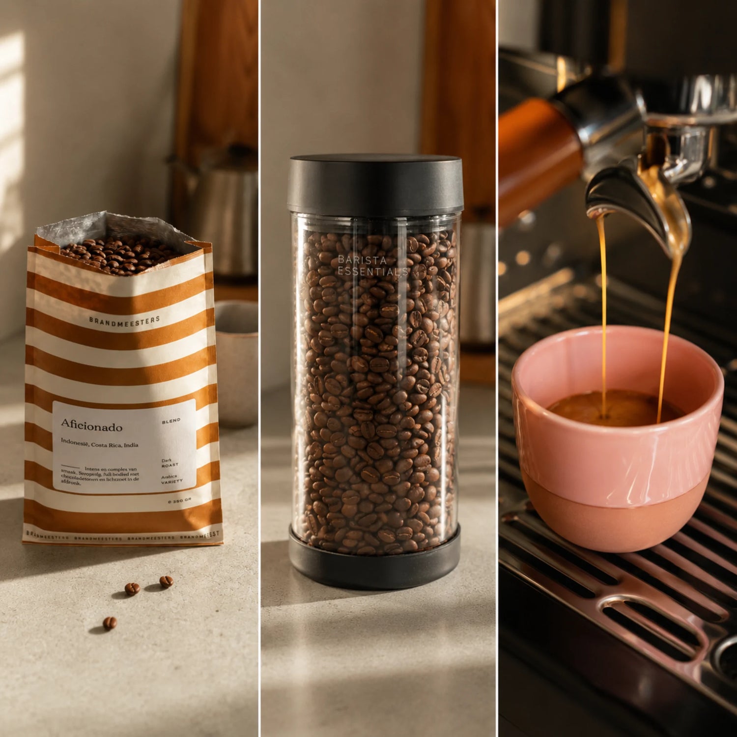 Stappenplan voor koffiebonen bewaren met koffiezak voorraadpot en espresso voor thuisbarista’s.