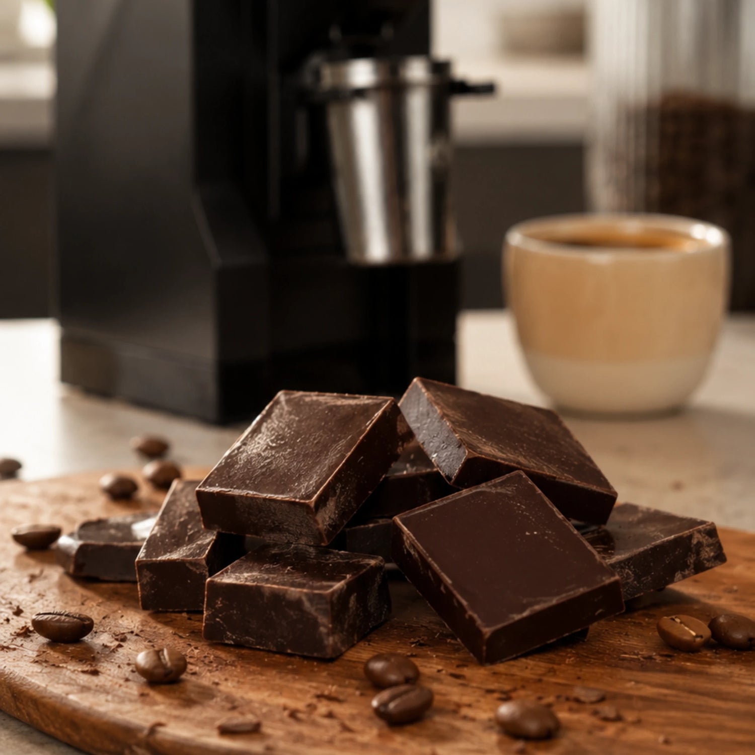 Maler met koffiebonen naast pure chocolade voor koffiechocolade.
