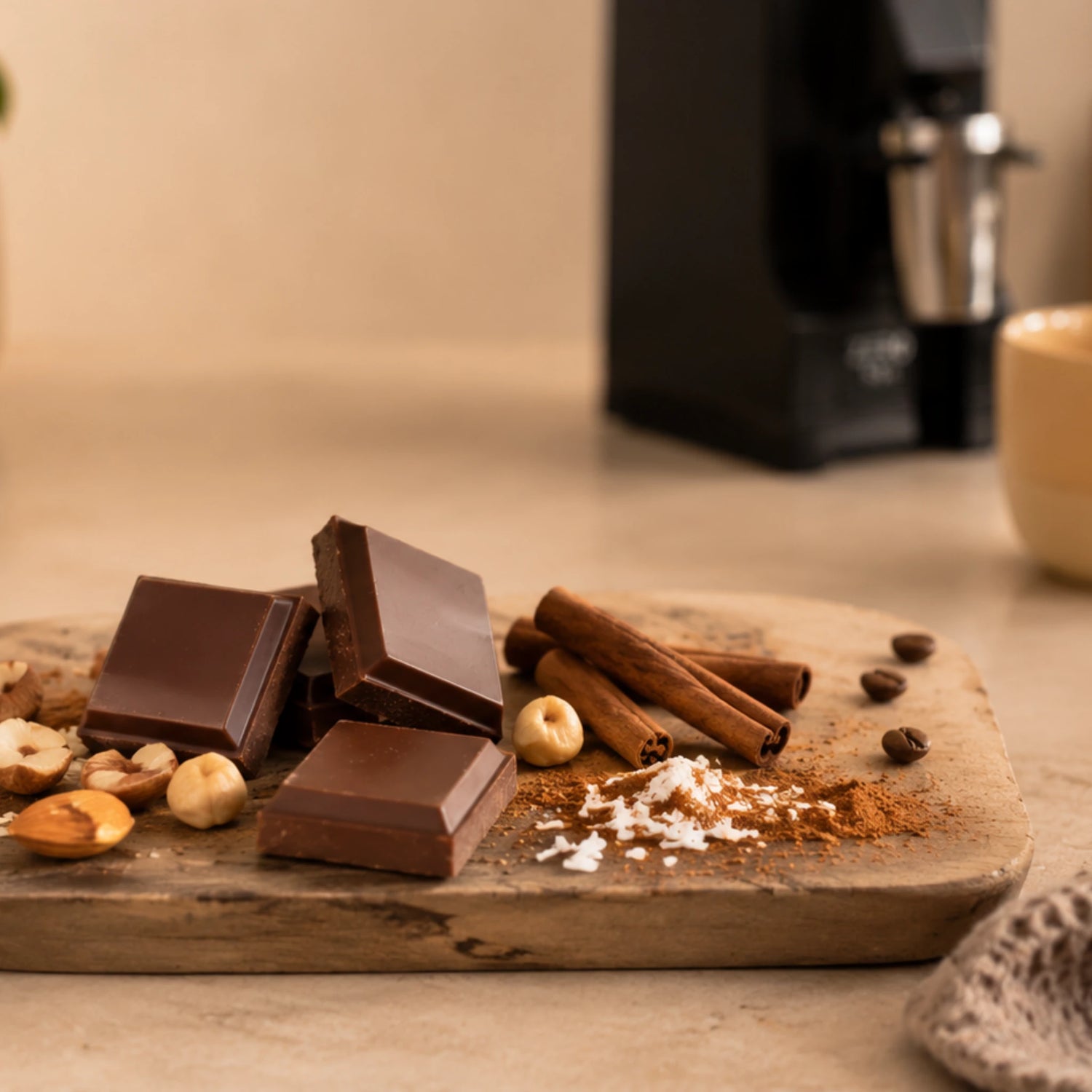 Zelfgemaakte koffiechocolade met noten, kaneel en kokos als variatie.