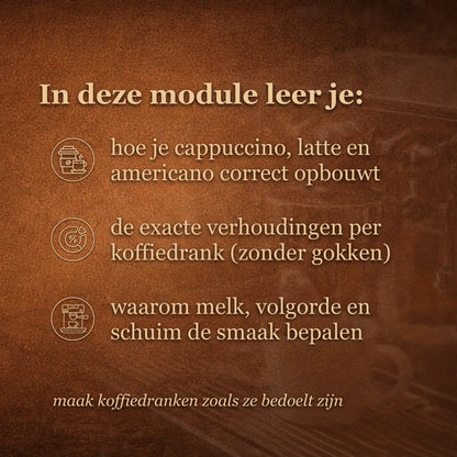 Overzicht van wat je leert over koffiedranken verhoudingen en hoe je cappuccino latte en americano correct opbouwt