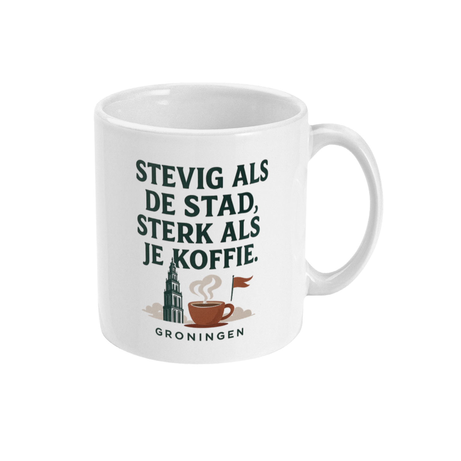 Rechterzijde van de mok met nuchtere Groningse uitstraling, typografie en illustratie van de stad Groningen.