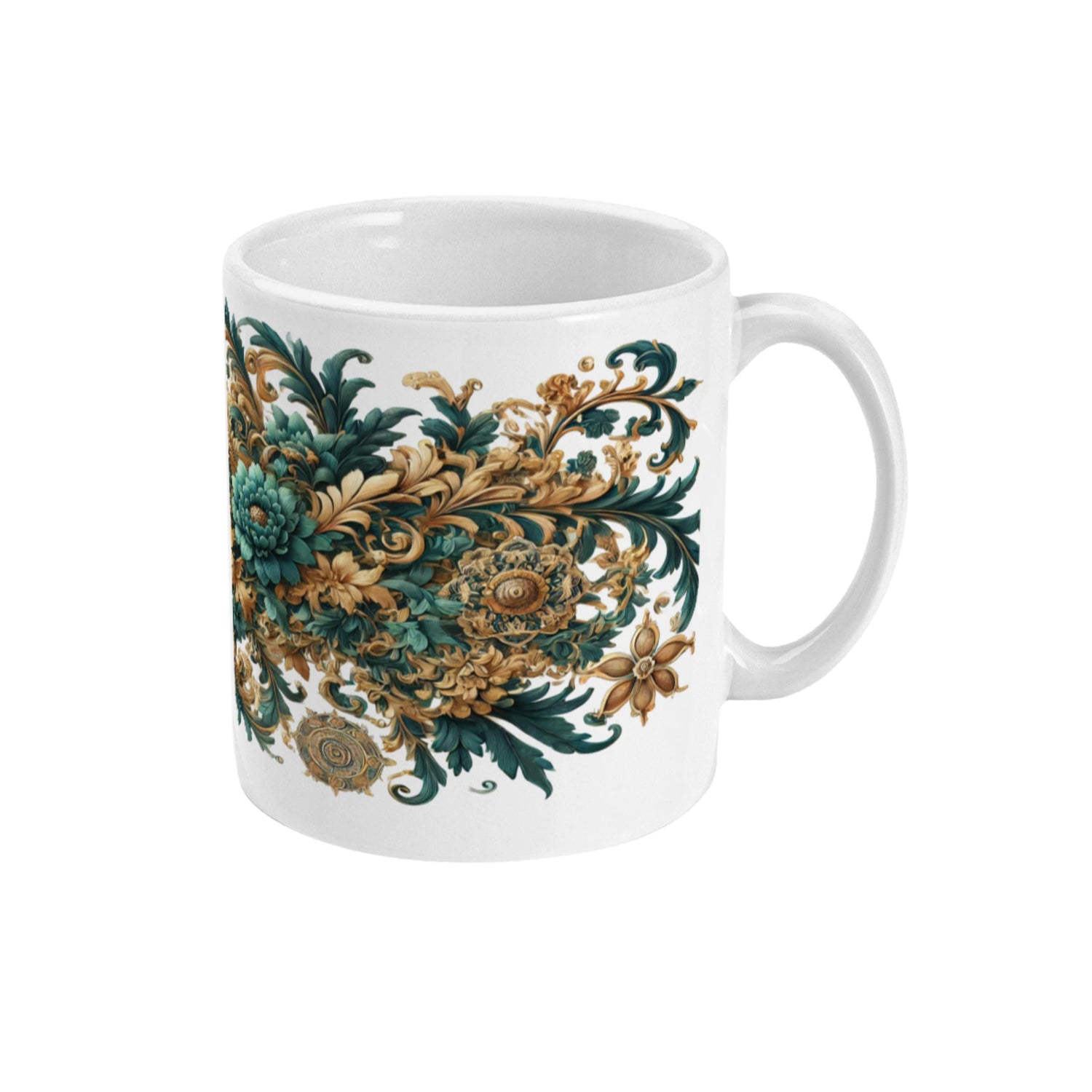 Koffiemok met mandala bloemen design met goud en turquoise kleuren. 3
