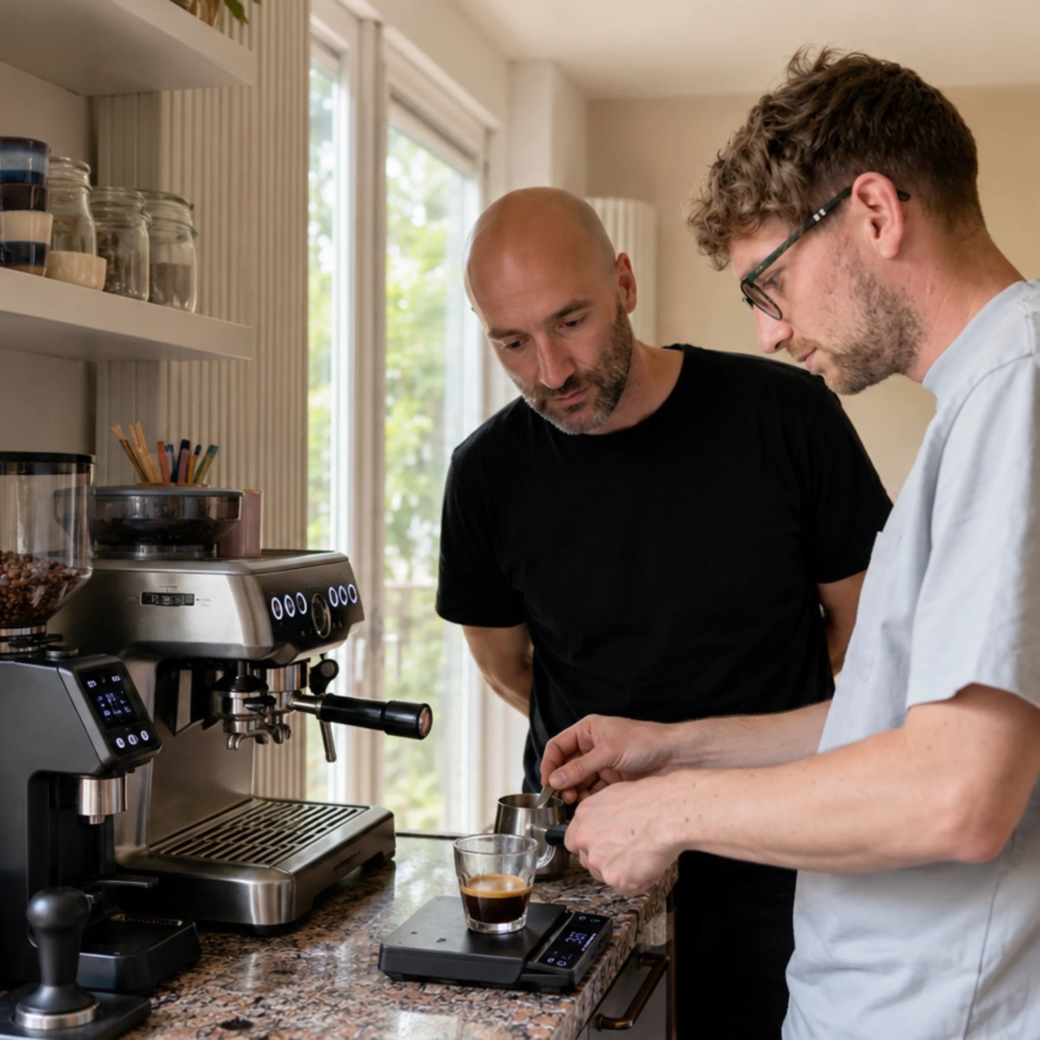 Geert-Jan helpt een thuisbarista de koffiemolen en espressomachine afstellen tijdens een privé workshop aan huis