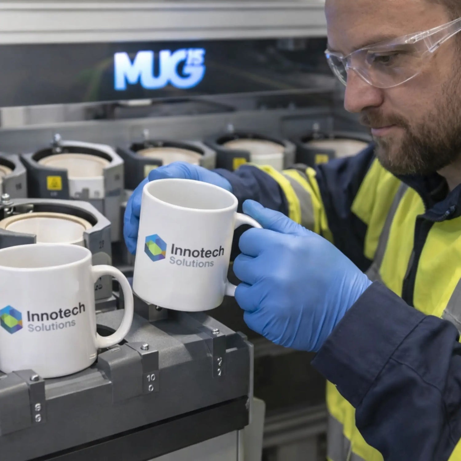 Kwaliteitscontrole van een gepersonaliseerde mok tijdens productie met een MUG15 sublimatiepers