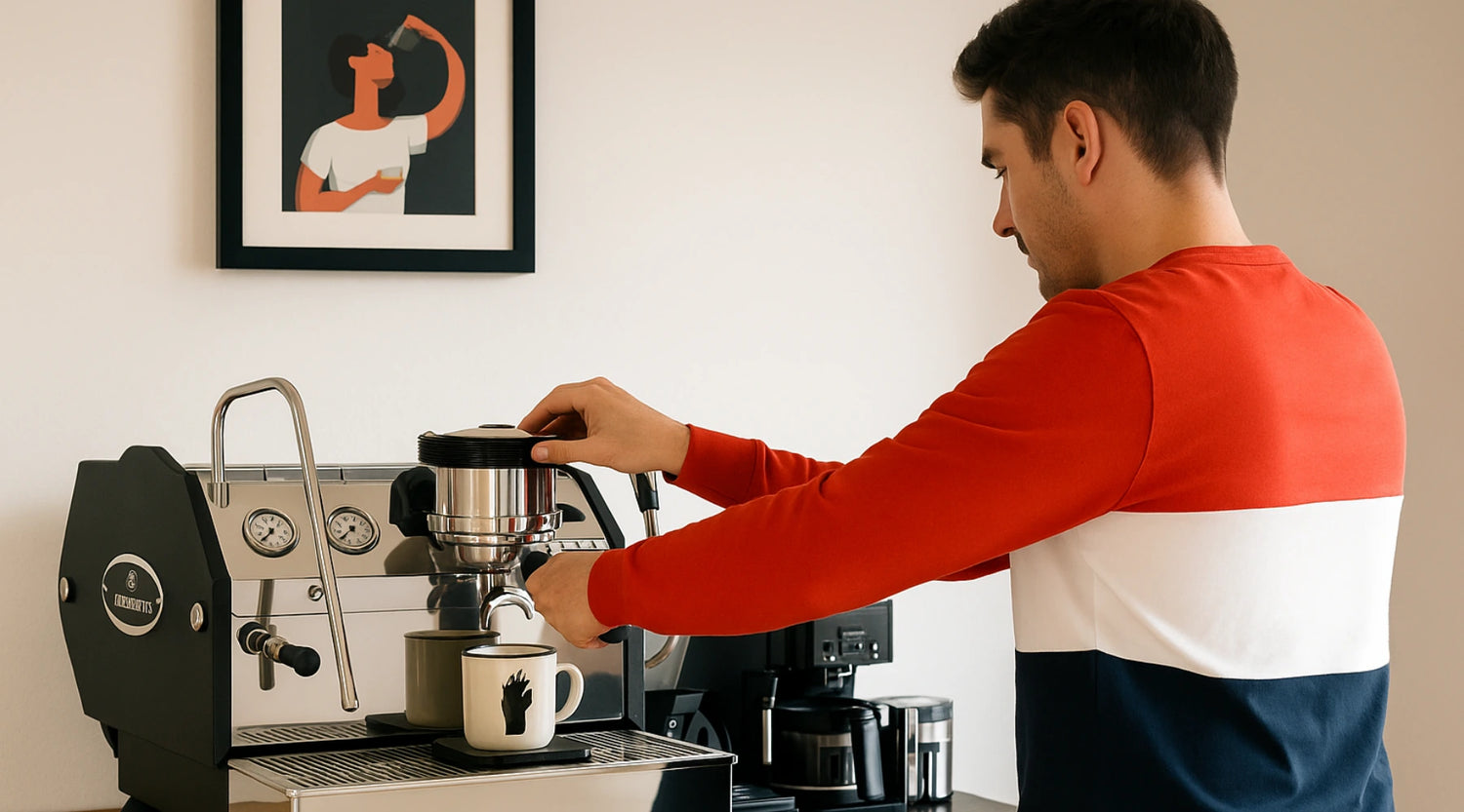 Thuisbarista stelt de La Marzocco GS3 AV in voor espresso door shotvolume onder waterknoppen aan te passen.