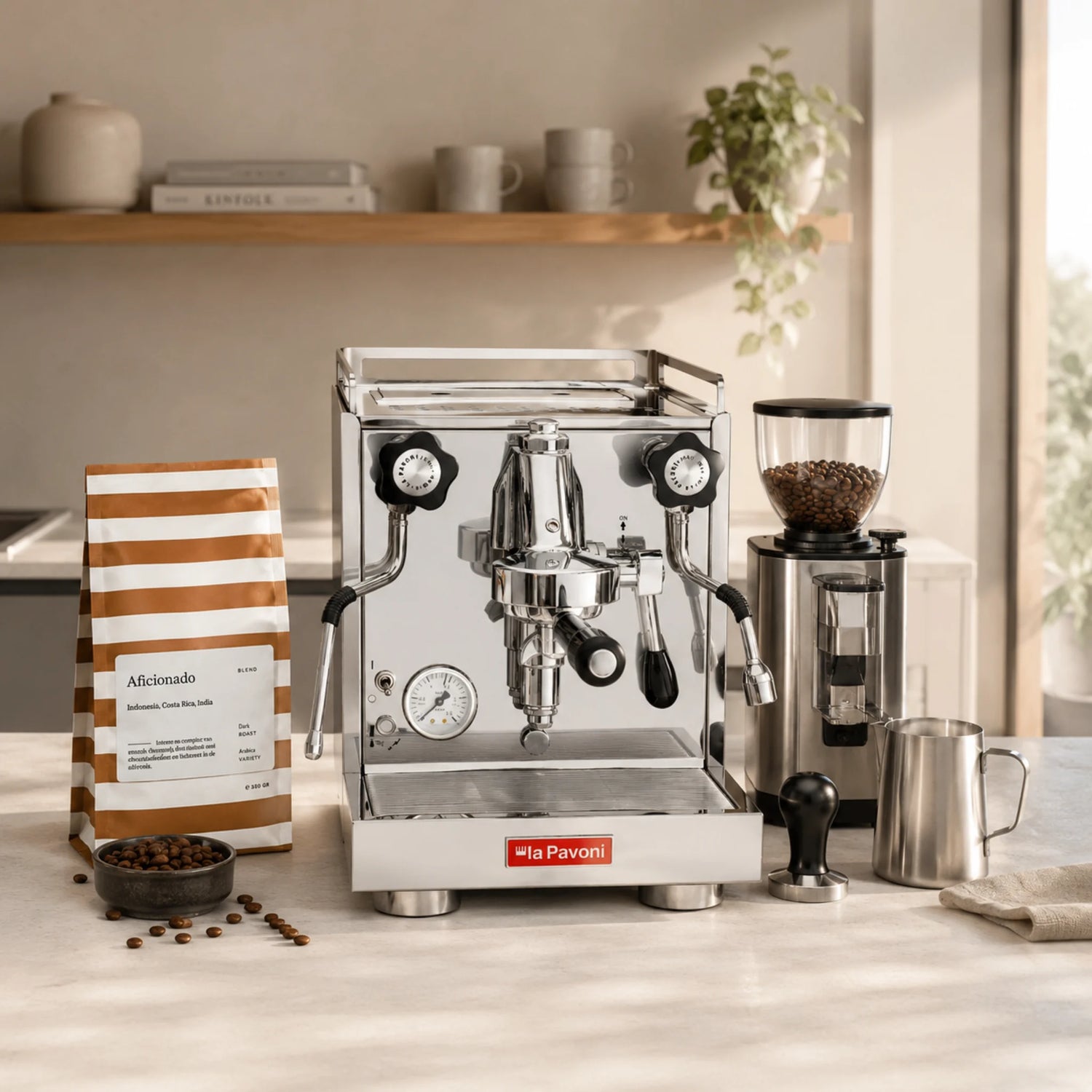 La Pavoni espressomachine met koffiemolen, Aficionado koffiebonen en barista-accessoires in een moderne keuken.