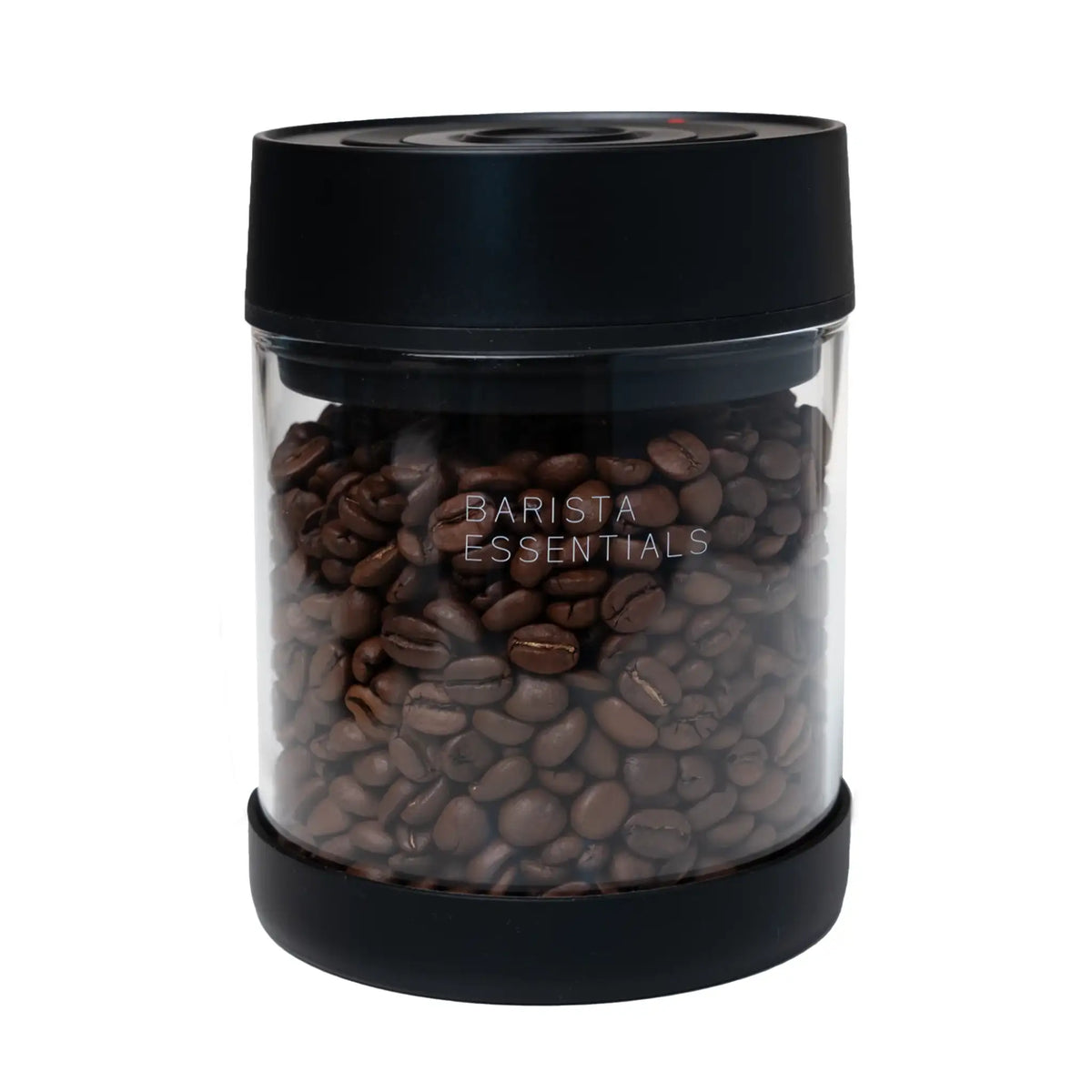 Glazen Lite-koffiebus met zwart deksel, gevuld met koffiebonen