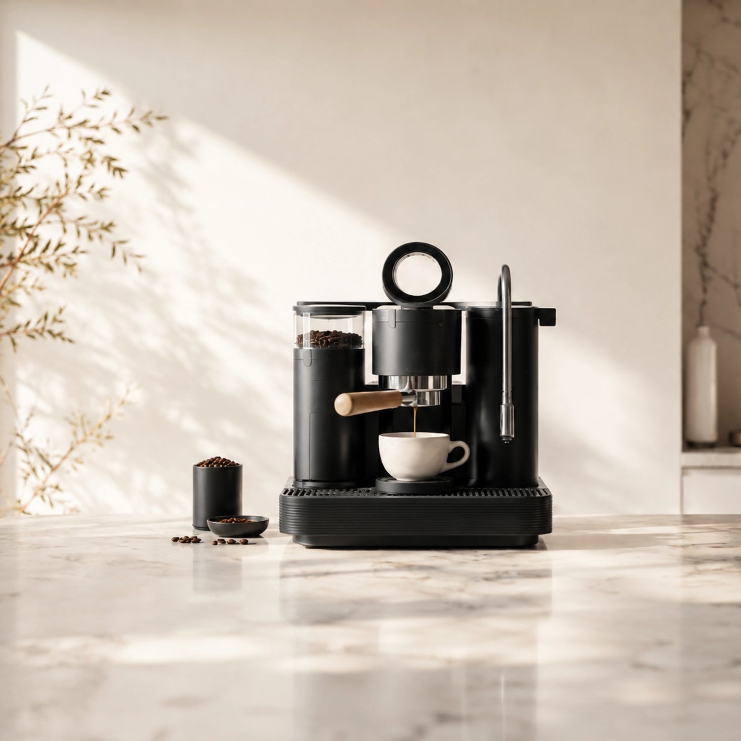Meraki espressomachine op marmeren aanrecht in lichte moderne keuken met natuurlijke daglichtbelichting