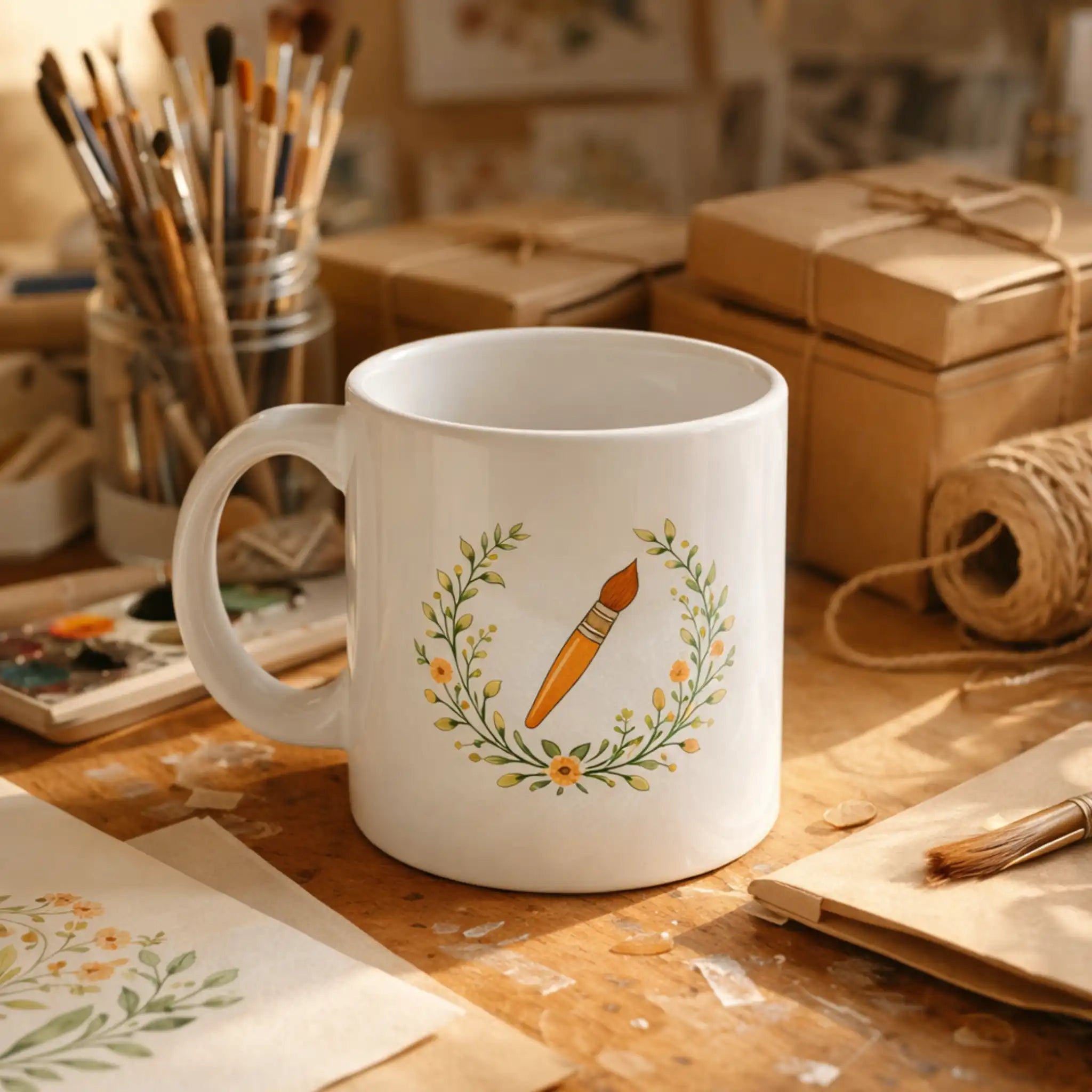 Gepersonaliseerde mok met penseel en bloemenkrans, gefotografeerd in een atelier voor kunstenaars of creatieve makers.