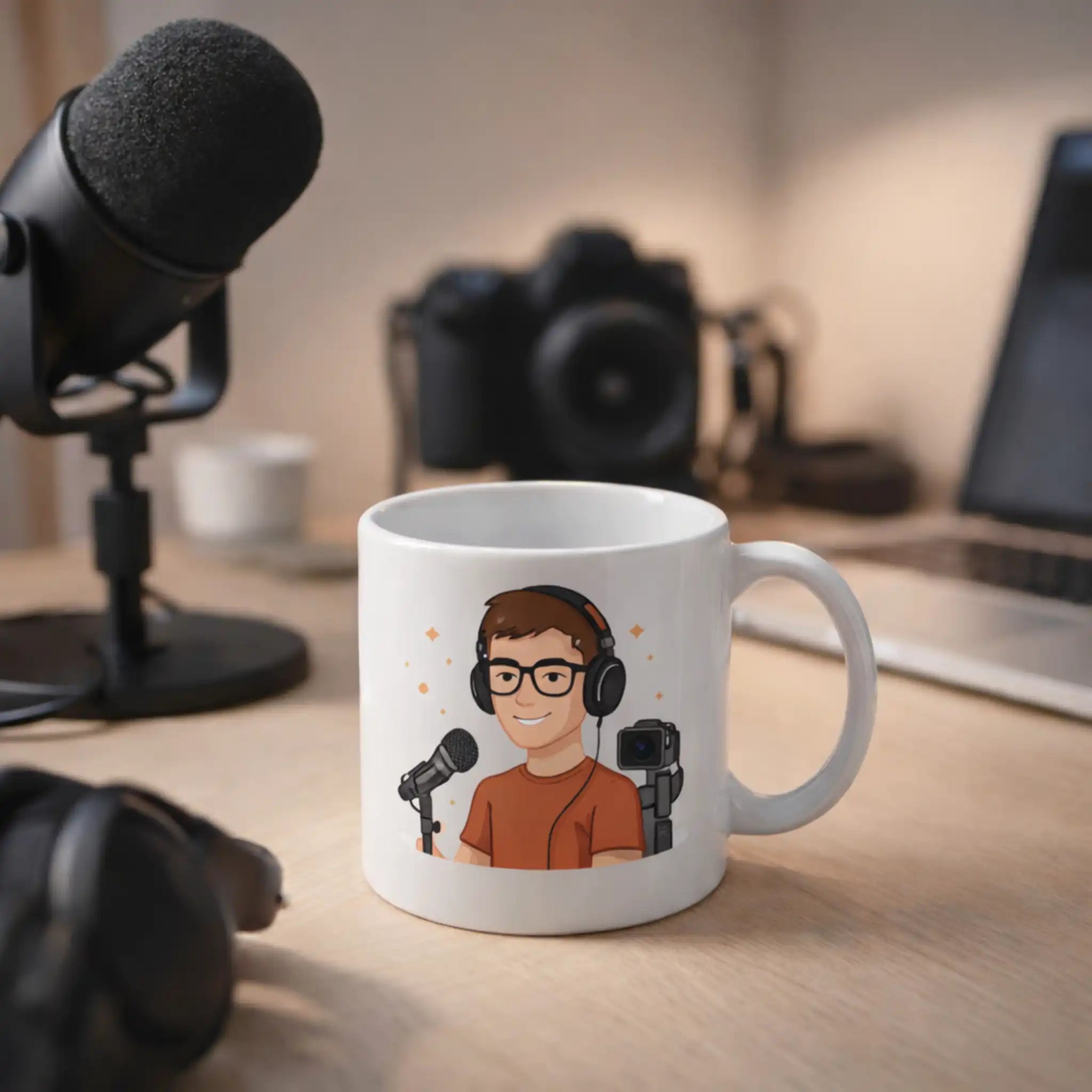 Witte gepersonaliseerde mok met illustratie van podcaster, gebruikt in een moderne podcast- of videostudio.