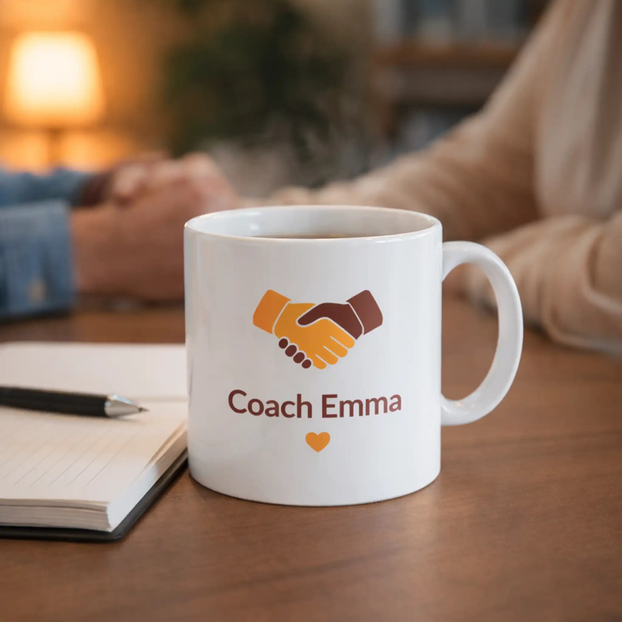 Gepersonaliseerde mok met Coach Emma-logo en handdruk, gebruikt tijdens een persoonlijke coachingsessie.
