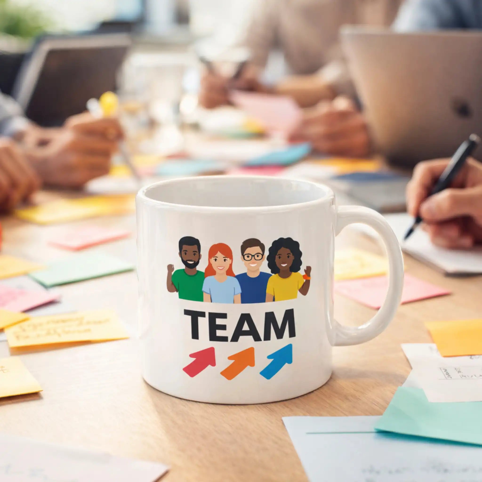 Bedrukte mok met teamillustratie, gebruikt tijdens een overleg of brainstormmoment in een bedrijfsomgeving.