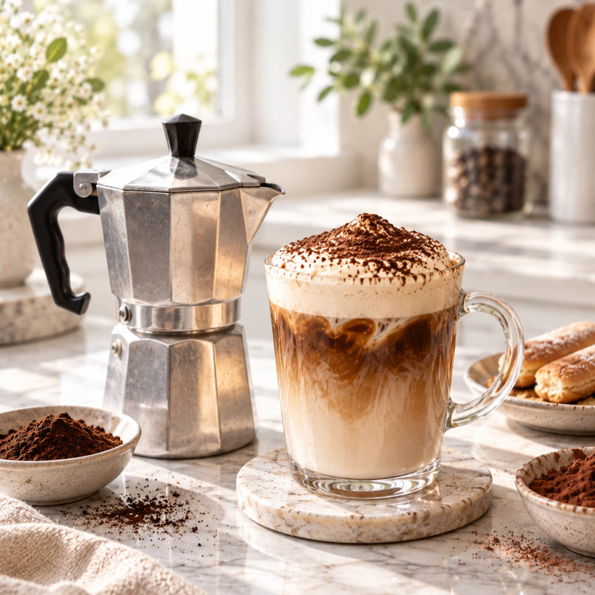 Moka pot naast een Tiramisu Latte met gemalen koffie en cacao in een lichte thuisbarista-keuken