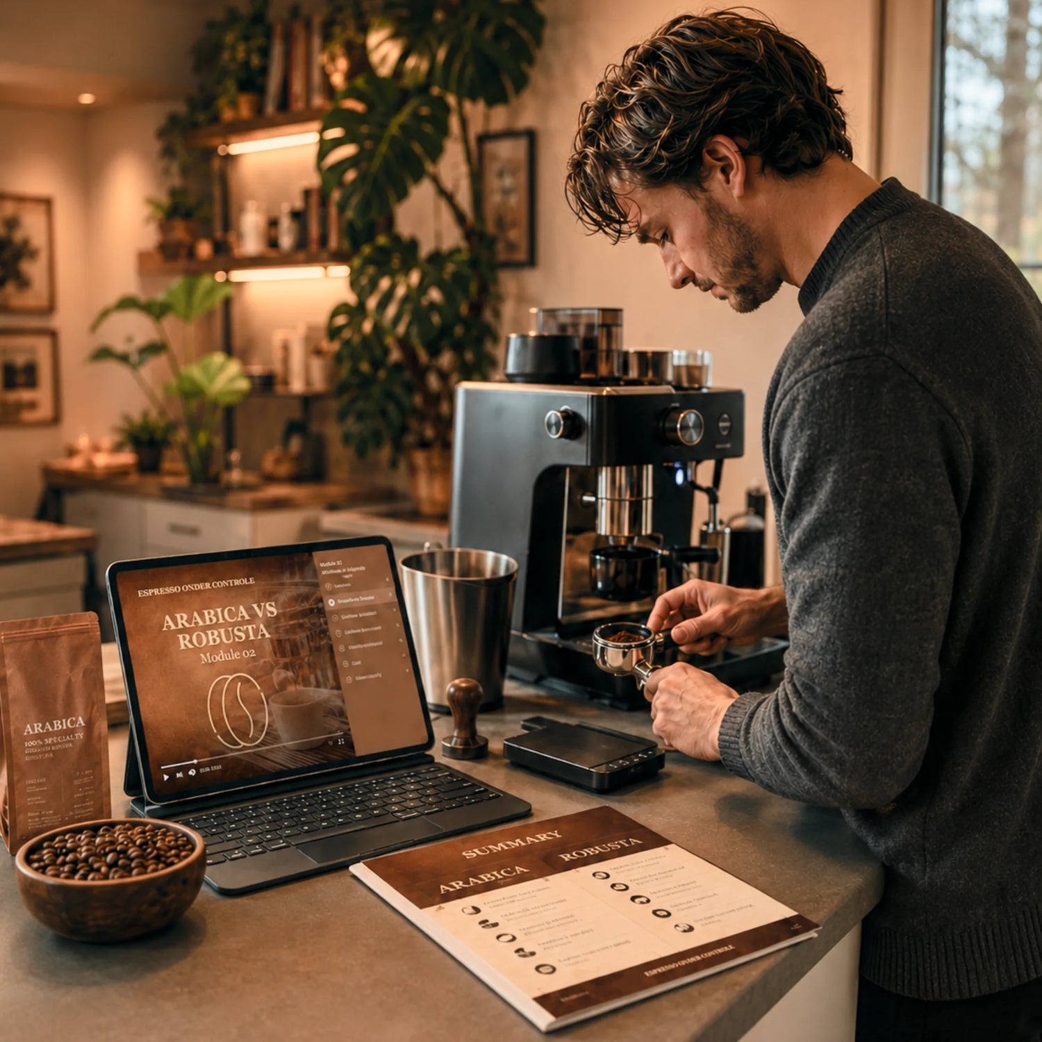 Thuisbarista volgt een online barista cursus en oefent op de eigen halfautomatische espressomachine.