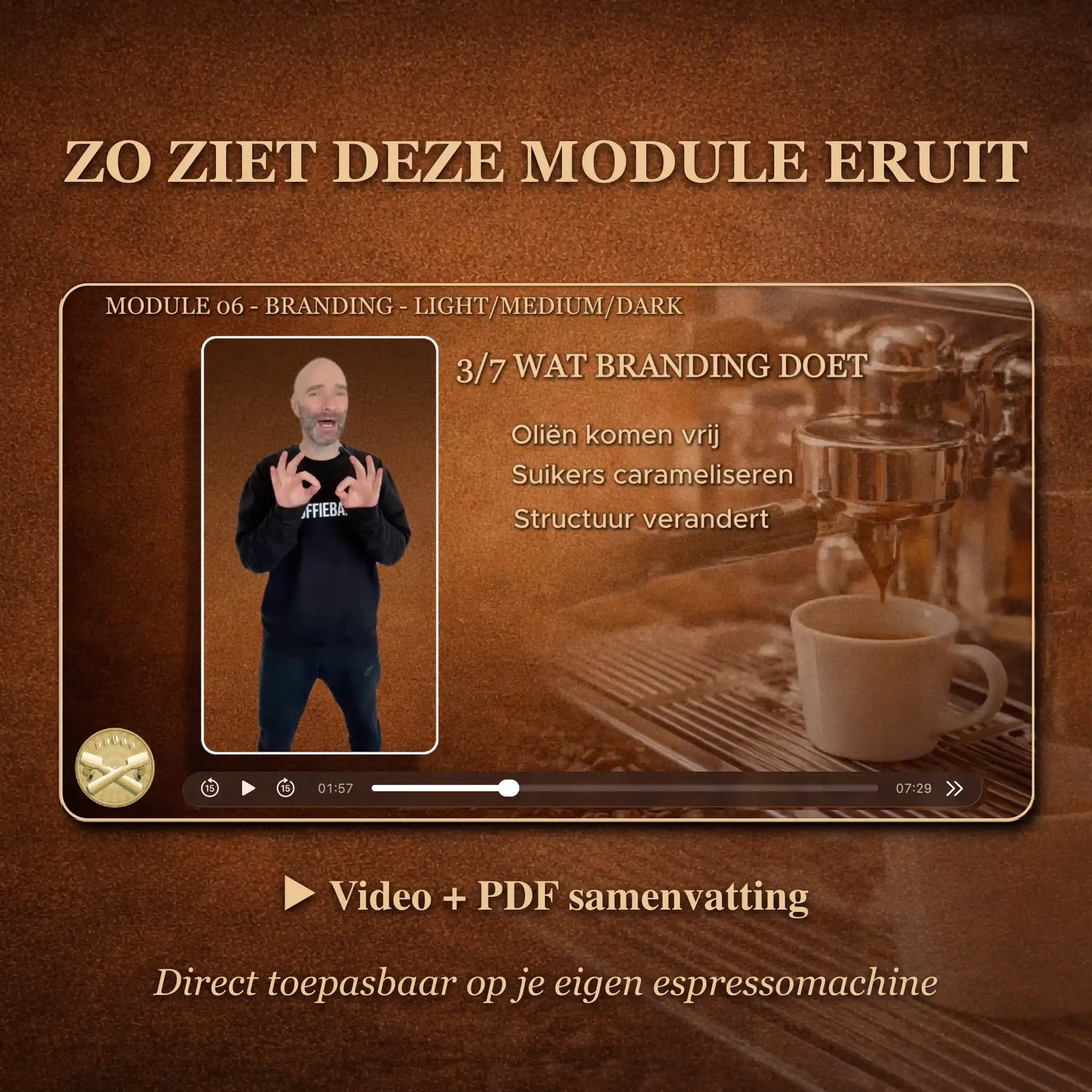 Preview van online barista module over koffiebranding light medium dark roast inclusief videoles en pdf samenvatting voor espresso thuis