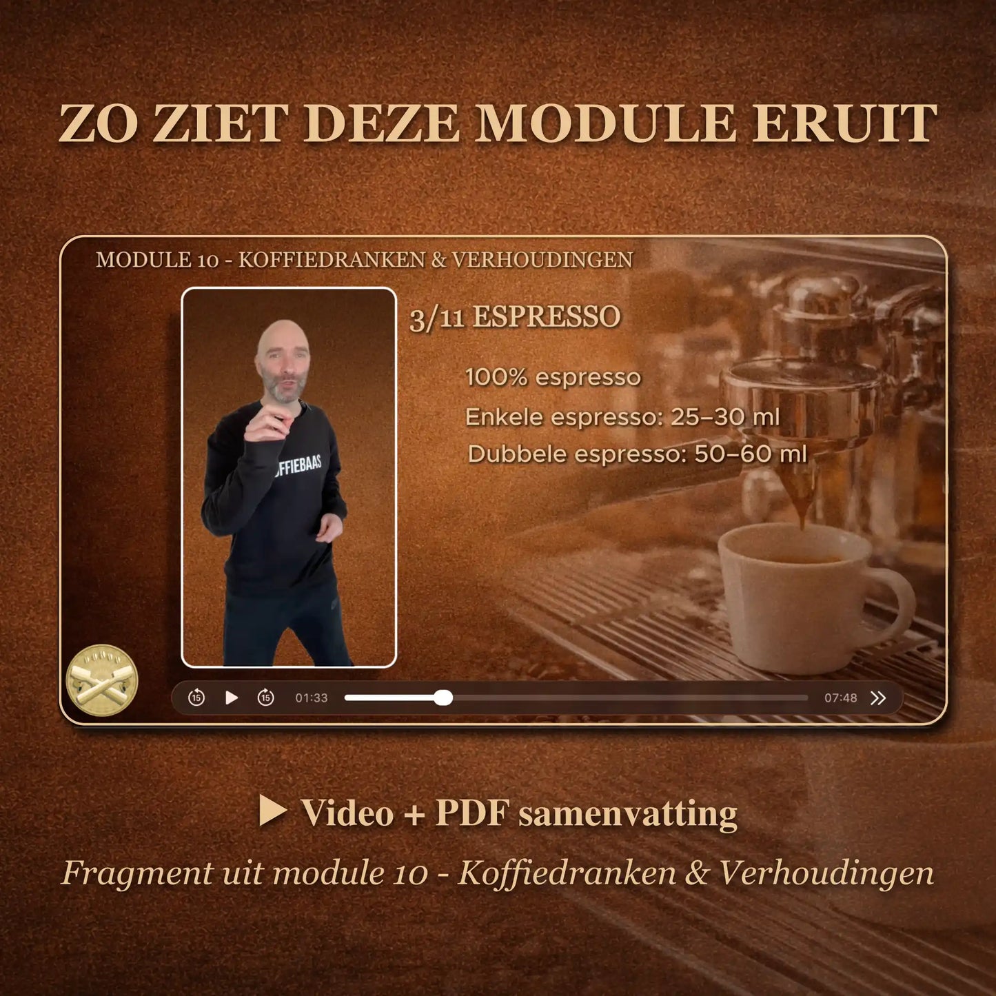 Preview van online barista module over koffiedranken verhoudingen met videoles en pdf samenvatting voor thuisgebruik