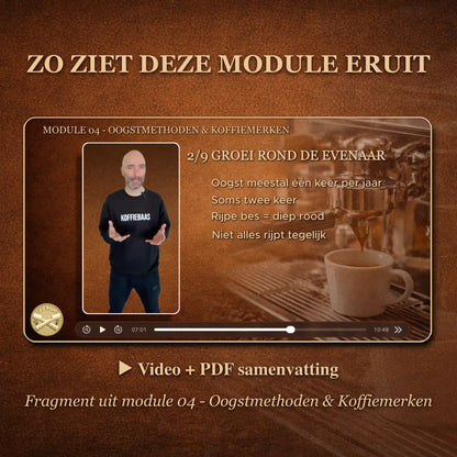Preview van online barista module over single origin en espressoblend inclusief videoles en pdf samenvatting voor espresso thuis