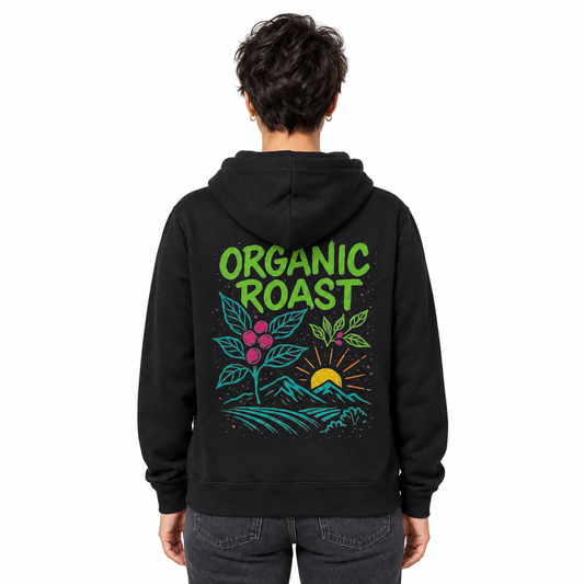 Gedragen rugaanzicht van de zwarte Cruiser 2.0 hoodie met kleurrijke Organic Roast-print op witte achtergrond.