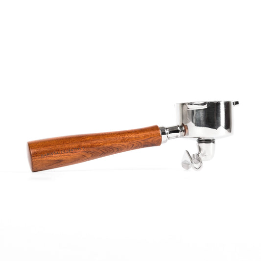 Portafilter dubbele uitloop 51 mm hout: losse houder op een witte achtergrond