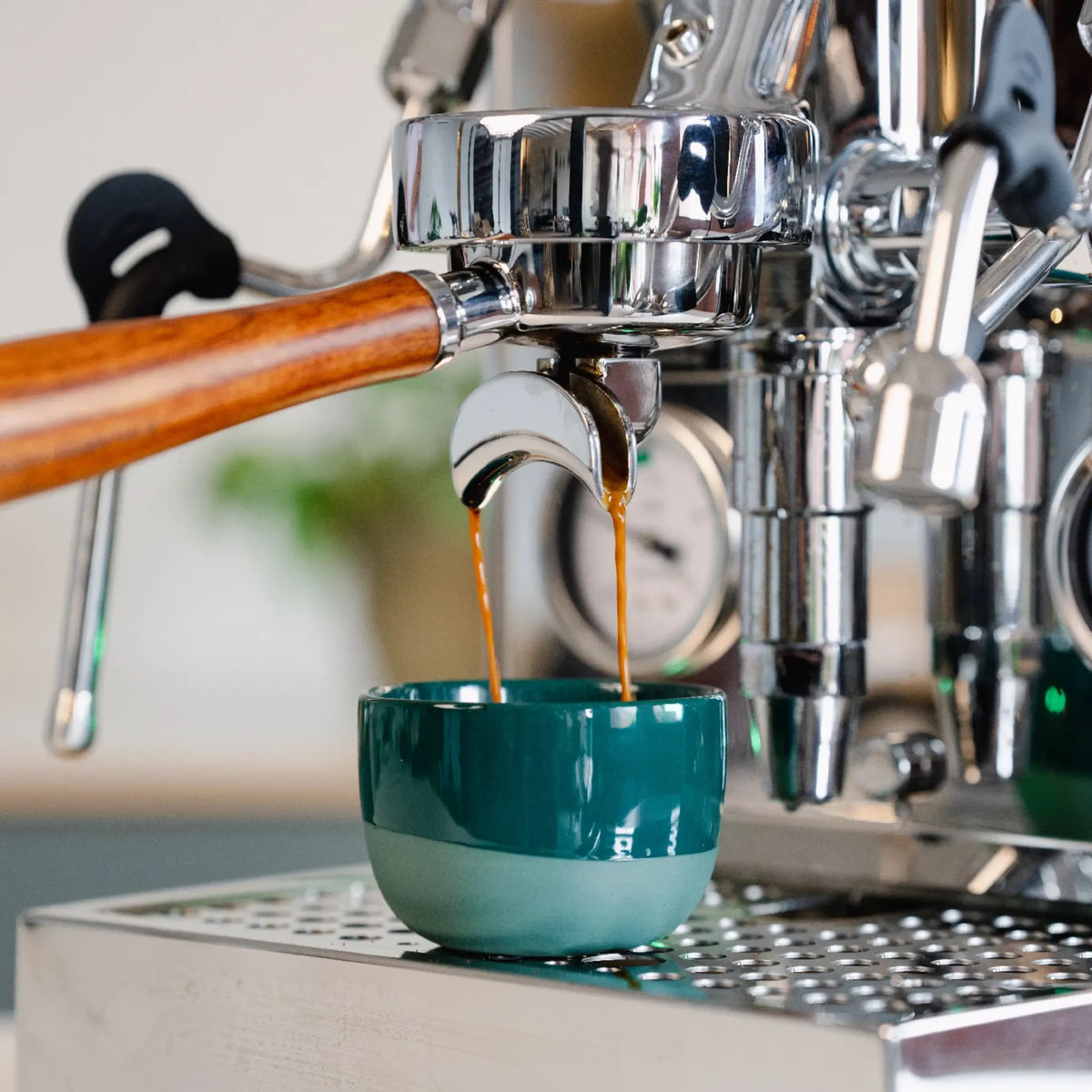 Portafilter dubbele uitloop 58 mm E61 hout: espresso boven een groen kopje