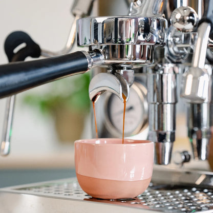Portafilter dubbele uitloop 58 mm E61 zwart: espresso boven een roze kopje