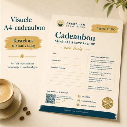 Voorbeeld van een kosteloos aan te vragen printbare A4-cadeaubon voor een privé barista workshop aan huis